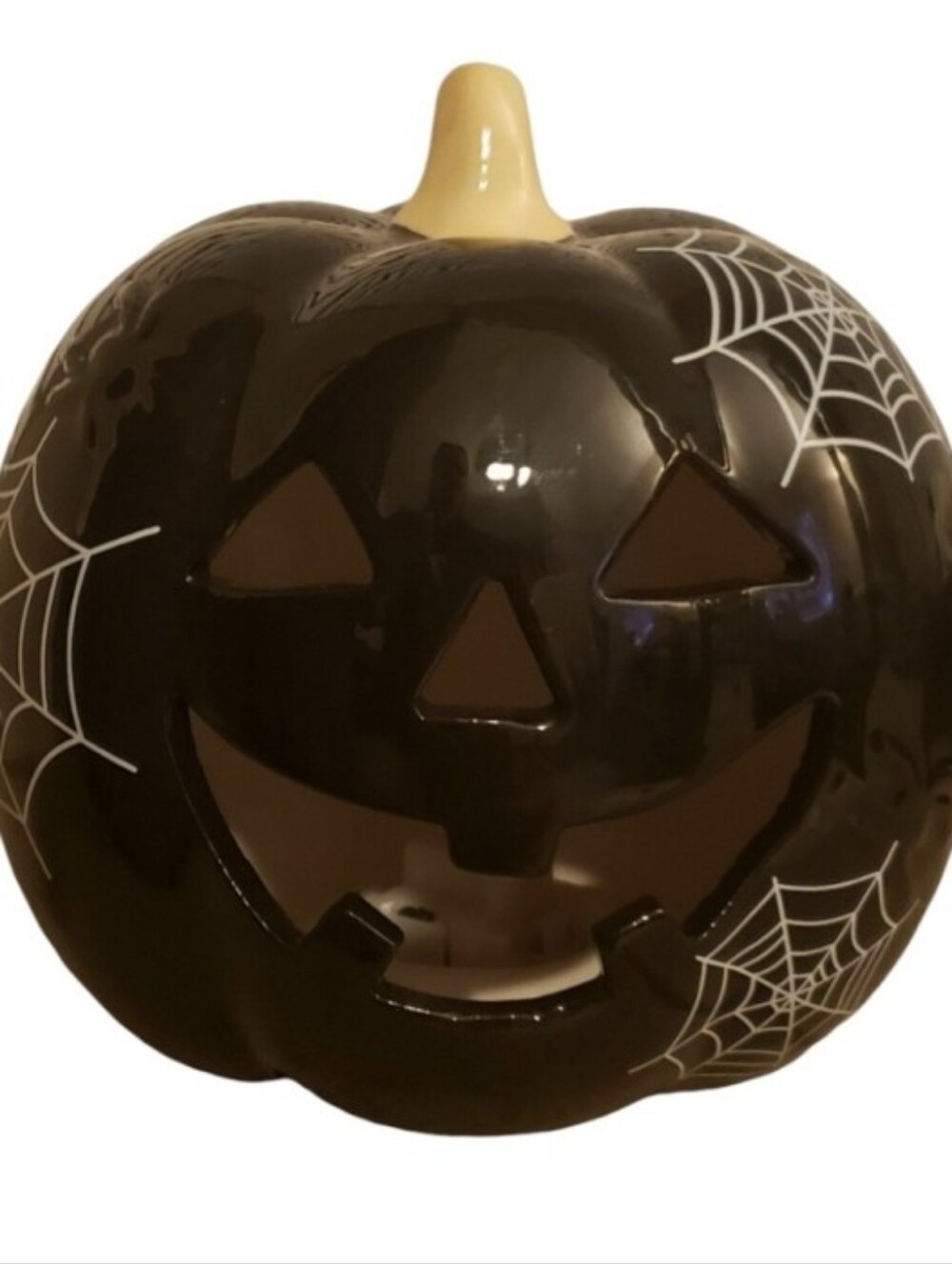 Glossy Black Ceramic Pumpkin with White Spiderweb Accents